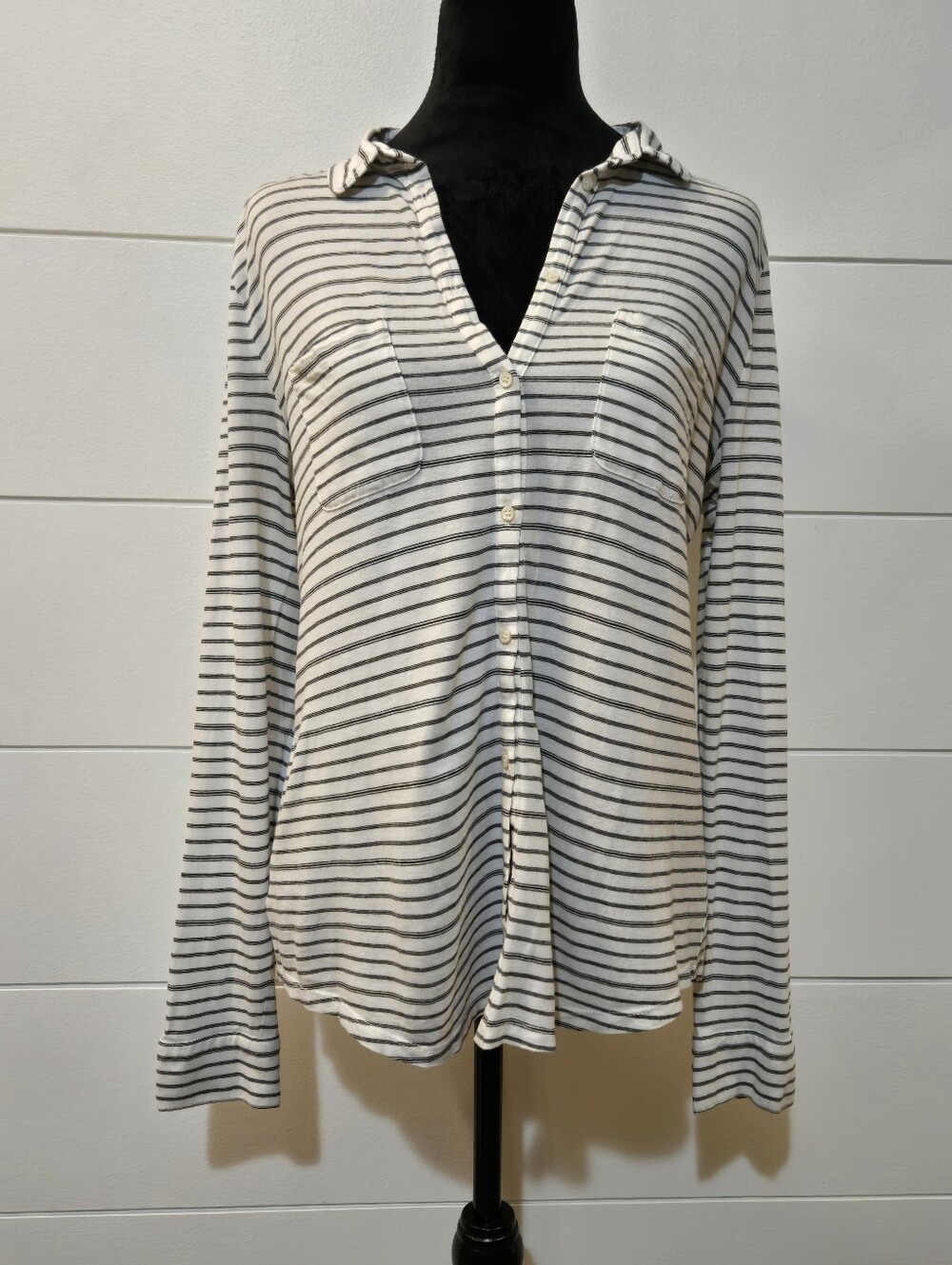 LOFT Cream and Black Striped Button-Down Shirt